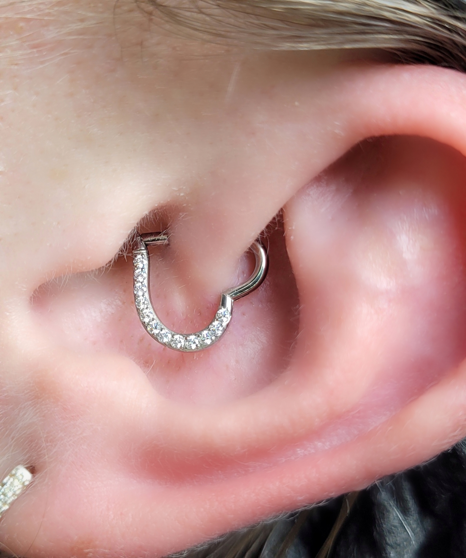 Argola cravejada prateada no daith
